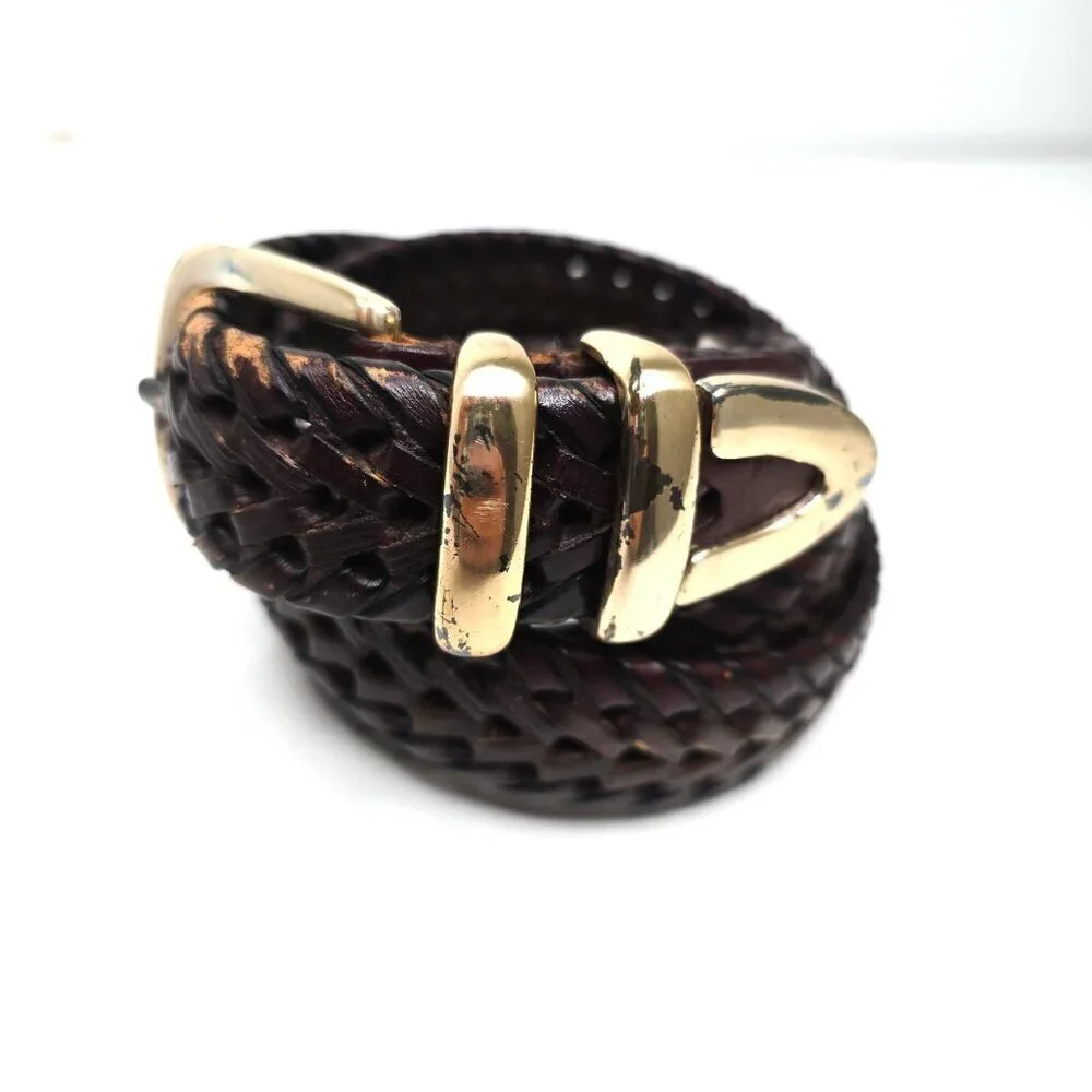 Fossil Vintage Brown Braided Leather Belt Gold Buckle